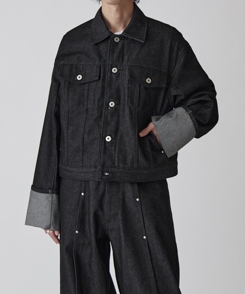 Lui's（ルイス）の「【Neucon】ROLL UP TUCK SHORT DENIM JACKET / ロールアップタックショートデニムジャケット / セットアップ対応（デニムジャケット・メンズ・ブラック/インディゴブルー・1/2）」の6枚目の写真