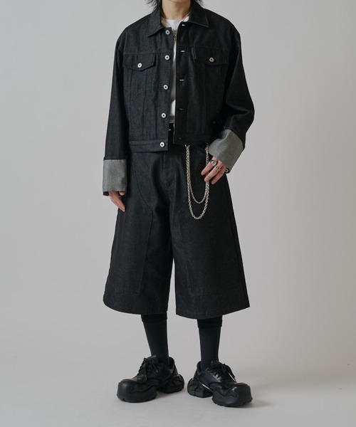 Lui's(ルイス)の「【Neucon】ROLL UP TUCK SHORT DENIM JACKET / ロールアップタックショートデニムジャケット / セットアップ対応(デニムジャケット・メンズ・ブラック/インディゴブルー・1/2)」の6枚目の写真