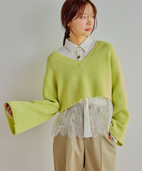 mysty woman(ミスティウーマン)の「ループヤーンショートプルオーバー 643856(ニット/セーター・レディース・アイボリー/ネイビー/イエロー・FREE)」の3枚目の写真