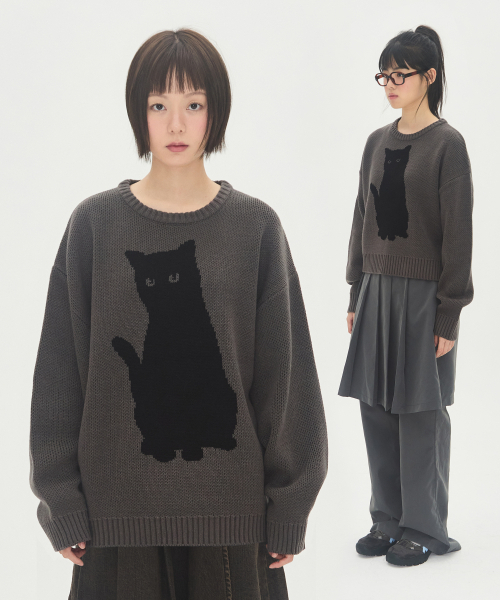 黒猫ニットセーター [チャコール]