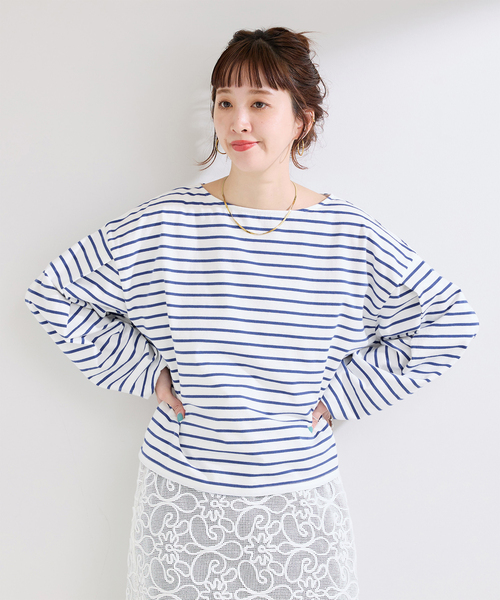 B.C STOCK(ベーセーストック)の「ウォッシャブル / タックスリーブボーダーカットソー(Tシャツ/カットソー・レディース・ブラック/ブルー/ホワイト・FREE)」の3枚目の写真