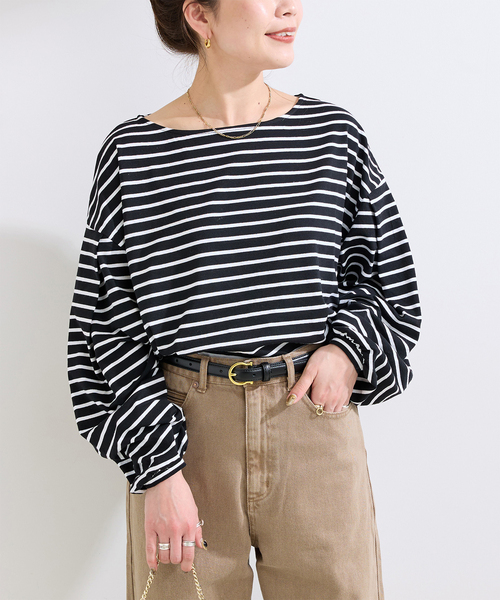 B.C STOCK(ベーセーストック)の「ウォッシャブル / タックスリーブボーダーカットソー(Tシャツ/カットソー・レディース・ブラック/ブルー/ホワイト・FREE)」の2枚目の写真