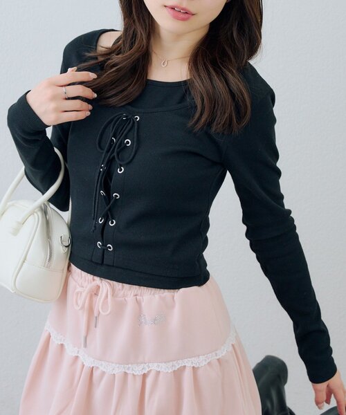 Another Branch olive des olive（アナザーブランチオリーブデオリーブ）の「レースアップドッキング長袖Ｔシャツ（Tシャツ/カットソー・レディース・チャコールグレー/グレー/ブラック・FREE）」の2枚目の写真