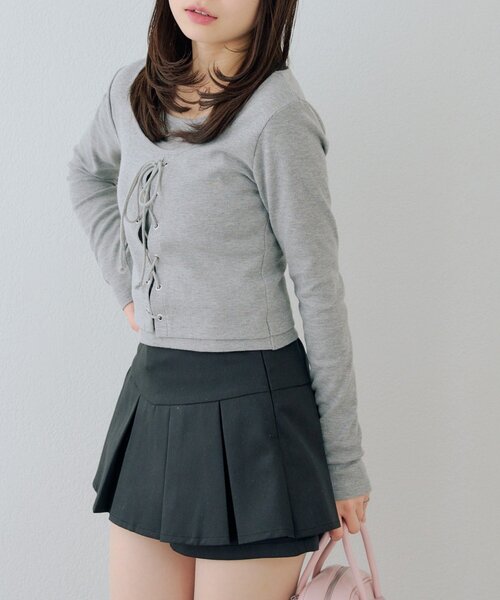 Another Branch olive des olive（アナザーブランチオリーブデオリーブ）の「レースアップドッキング長袖Ｔシャツ（Tシャツ/カットソー・レディース・チャコールグレー/グレー/ブラック・FREE）」の7枚目の写真