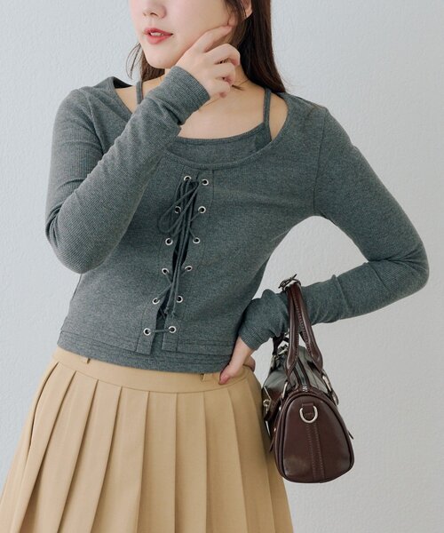 Another Branch olive des olive（アナザーブランチオリーブデオリーブ）の「レースアップドッキング長袖Ｔシャツ（Tシャツ/カットソー・レディース・チャコールグレー/グレー/ブラック・FREE）」の11枚目の写真