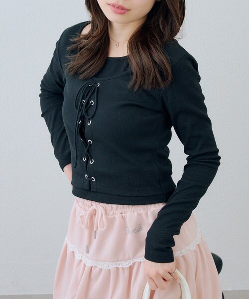 Another Branch olive des olive（アナザーブランチオリーブデオリーブ）の「レースアップドッキング長袖Ｔシャツ（Tシャツ/カットソー・レディース・チャコールグレー/グレー/ブラック・FREE）」の18枚目の写真