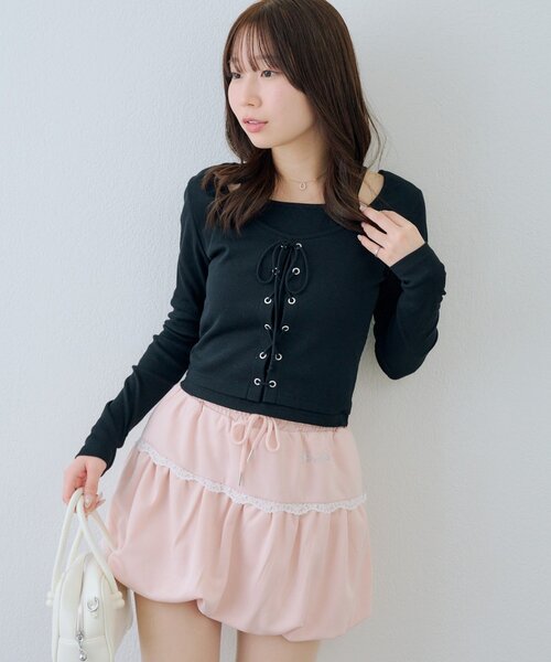 Another Branch olive des olive（アナザーブランチオリーブデオリーブ）の「レースアップドッキング長袖Ｔシャツ（Tシャツ/カットソー・レディース・チャコールグレー/グレー/ブラック・FREE）」の19枚目の写真