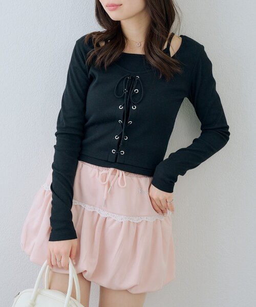 Another Branch olive des olive（アナザーブランチオリーブデオリーブ）の「レースアップドッキング長袖Ｔシャツ（Tシャツ/カットソー・レディース・チャコールグレー/グレー/ブラック・FREE）」の21枚目の写真