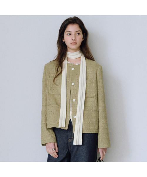 URAGO(ユラーゴ)の「Round tweed jacket(テーラードジャケット・レディース・オリーブ/ブラック/クリーム・FREE)」の3枚目の写真
