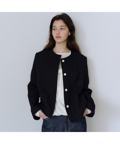 URAGO(ユラーゴ)の「Round tweed jacket(テーラードジャケット・レディース・オリーブ/ブラック/クリーム・FREE)」の2枚目の写真