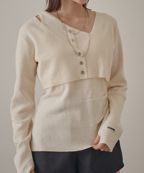 mline（エムライン）の「[mline]ワンショル レイヤーニット（ニット/セーター・レディース・オレンジ/ネイビー/グレー/アイボリー・FREE）」の2枚目の写真