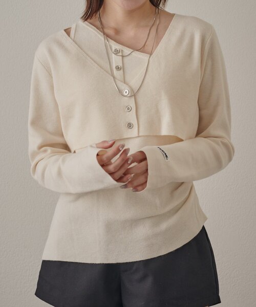 mline（エムライン）の「[mline]ワンショル レイヤーニット（ニット/セーター・レディース・オレンジ/ネイビー/グレー/アイボリー・FREE）」の5枚目の写真