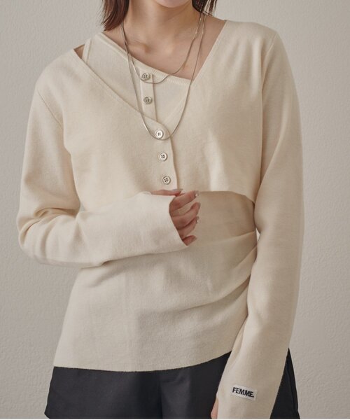 mline（エムライン）の「[mline]ワンショル レイヤーニット（ニット/セーター・レディース・オレンジ/ネイビー/グレー/アイボリー・FREE）」の6枚目の写真