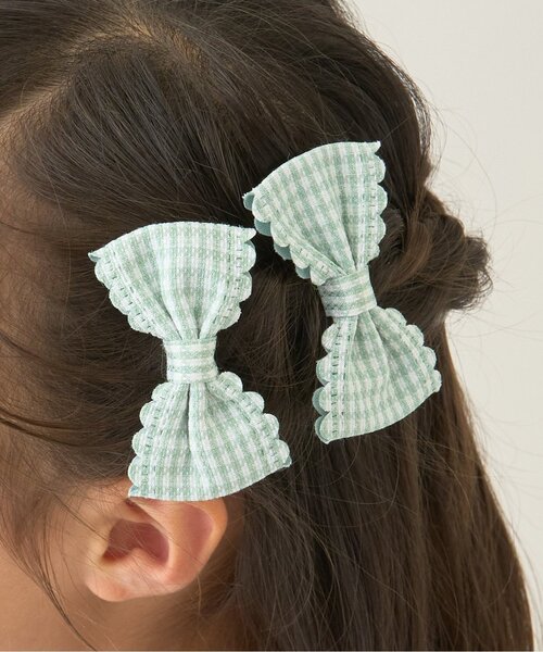 Lycee mine(リセマイン)の「スカラップギンガムチェックリボンヘアクリップ(2コセット)(バレッタ/ヘアクリップ・キッズ・ピンク/ネイビー/レッド/レモンイエロー/サックスブルー/エメラルド・F)」の2枚目の写真
