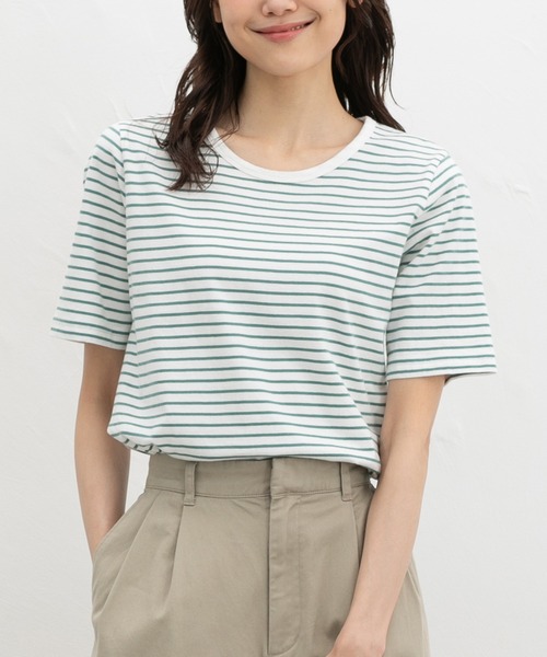 Honeys(ハニーズ)の「【UVカット】半袖オーガニックボーダーT(Tシャツ/カットソー・レディース・ブラック×ベージュ/ホワイト×ネイビー/ホワイト×レッド/ホワイト×グリーン/ホワイト×ブラウン・L/LL/M/S)」の1枚目の写真