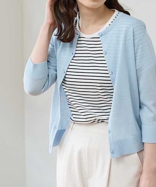 Honeys(ハニーズ)の「【UVカット】半袖オーガニックボーダーT(Tシャツ/カットソー・レディース・ブラック×ベージュ/ホワイト×ネイビー/ホワイト×レッド/ホワイト×グリーン/ホワイト×ブラウン・L/LL/M/S)」の3枚目の写真