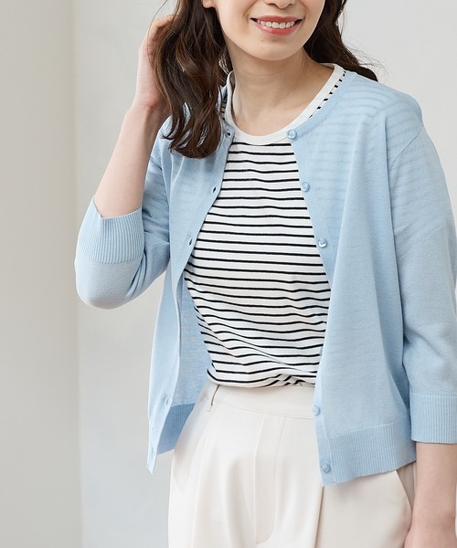 Honeys(ハニーズ)の「【UVカット】半袖オーガニックボーダーT(Tシャツ/カットソー・レディース・ブラック×ベージュ/ホワイト×ネイビー/ホワイト×レッド/ホワイト×グリーン/ホワイト×ブラウン・L/LL/M/S)」の8枚目の写真