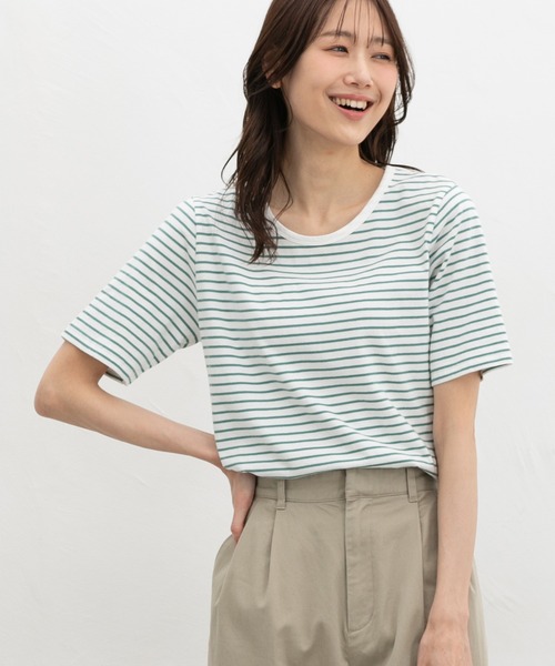 Honeys(ハニーズ)の「【UVカット】半袖オーガニックボーダーT(Tシャツ/カットソー・レディース・ブラック×ベージュ/ホワイト×ネイビー/ホワイト×レッド/ホワイト×グリーン/ホワイト×ブラウン・L/LL/M/S)」の12枚目の写真