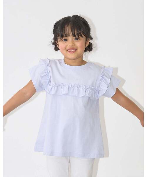Lycee mine（リセマイン）の「【綿100％】 【速乾・UV・型崩れしない】【どっちが前でもOK】フリルAラインチュニックTシャツ（Tシャツ/カットソー・キッズ・ネイビー/ライトピンク/ミント/ブルーグレー/ラベンダー/オフホワイト・110cm/130cm/150cm/100cm/90cm/140cm/120cm）」の2枚目の写真