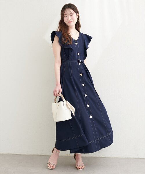 セール】〈canami〉配色ステッチラッフル袖ワンピース（ワンピース