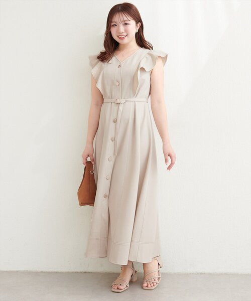 natural couture(ナチュラルクチュール)の「〈canami〉配色ステッチラッフル袖ワンピース(ワンピース・レディース・ネイビー/ピンク/ライトベージュ/チャコールグレー・FREE)」の14枚目の写真