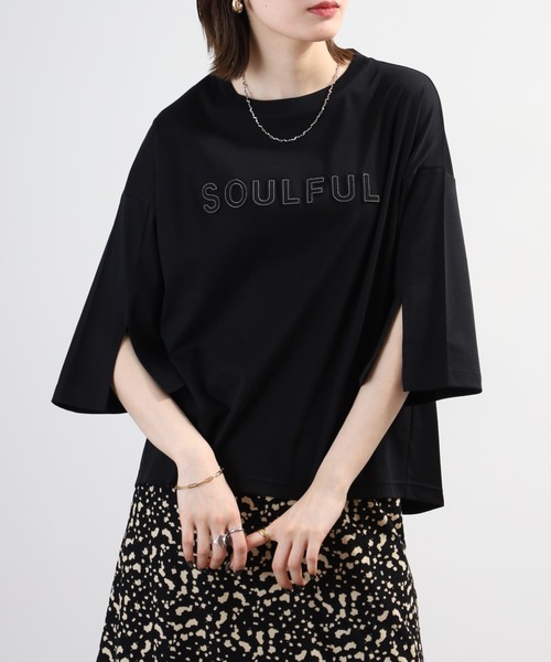 BRODIAEA(ブローディア)の「BRODIAEA SOULFUL立体ロゴ5分袖Tシャツ 日本製(Tシャツ/カットソー・レディース・ブラック/オフホワイト・40)」の2枚目の写真