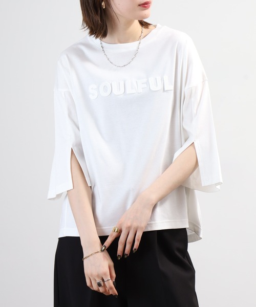 BRODIAEA(ブローディア)の「BRODIAEA SOULFUL立体ロゴ5分袖Tシャツ 日本製(Tシャツ/カットソー・レディース・ブラック/オフホワイト・40)」の4枚目の写真