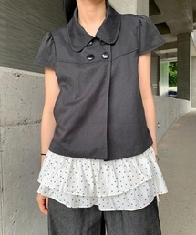 大人可愛い パフスリーブ ダブルボタン クロップドシャツ ラウンドカラー トップス