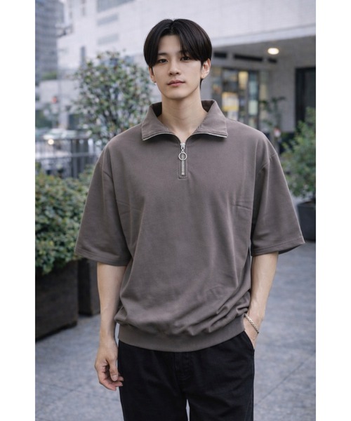 Bling Leads(ブリングリーズ)の「【Bls】 【ZM】【Bling Leads】梨地ジャージ ハーフZIP TEE(Tシャツ/カットソー・メンズ・グレー系その他/ブラック・LARGE)」の2枚目の写真