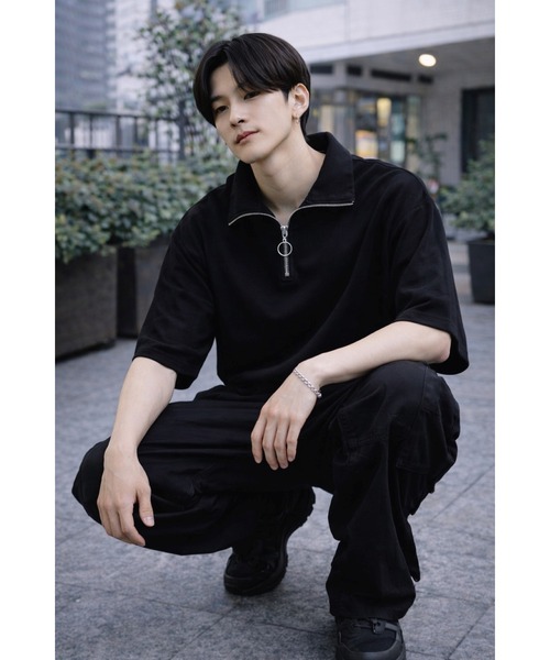 Bling Leads(ブリングリーズ)の「【Bls】 【ZM】【Bling Leads】梨地ジャージ ハーフZIP TEE(Tシャツ/カットソー・メンズ・グレー系その他/ブラック・LARGE)」の1枚目の写真