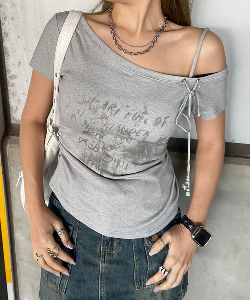 non-hedge(ノンヘッジ)の「サイドドロストワンショルダーTシャツ(Tシャツ/カットソー・レディース・グレー/オフホワイト/チャコールグレー/ベージュ・FREE)」の4枚目の写真