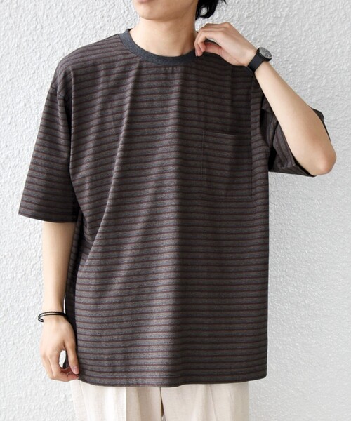 SHIPS any(シップス エニィ)の「SHIPS any:〈接触冷感〉マルチ ボーダー ポケット Tシャツ◇(Tシャツ/カットソー・メンズ・ブラウン/オリーブ/チャコールグレー/グレー・X-LARGE/LARGE/MEDIUM/SMALL)」の3枚目の写真