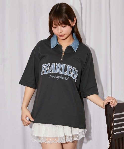 GORGE(ゴージ)の「《デニム襟×カレッジロゴ刺繍》カットソー/ストリート×カジュアル/春夏秋/全3色(Tシャツ/カットソー・レディース・チャコール/オフホワイト/杢グレー・F)」の9枚目の写真