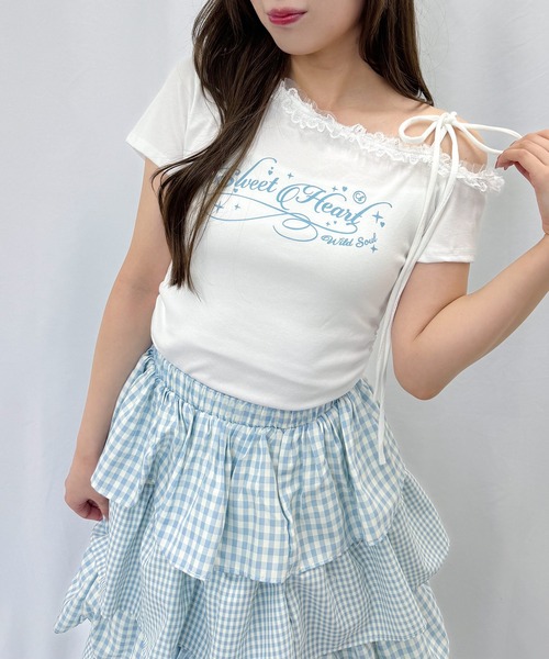 frunco(フランコ)の「レタリングロゴレースワンショルT(Tシャツ/カットソー・レディース・ピンク/ホワイト/ブルー/グレー・FREE)」の1枚目の写真