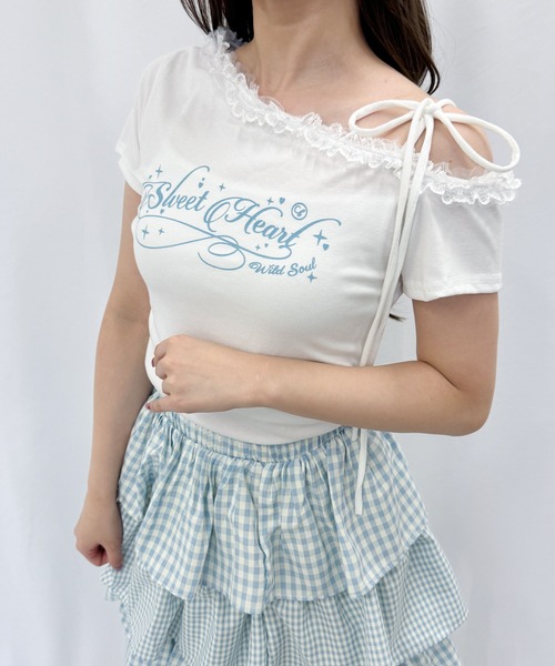 frunco(フランコ)の「レタリングロゴレースワンショルT(Tシャツ/カットソー・レディース・ピンク/ホワイト/ブルー/グレー・FREE)」の5枚目の写真