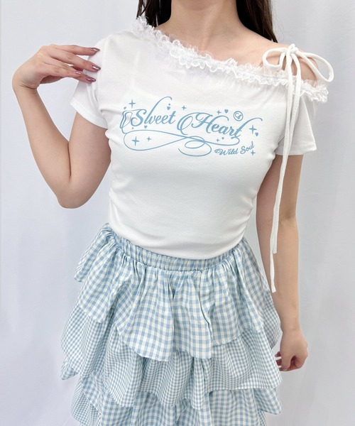 frunco(フランコ)の「レタリングロゴレースワンショルT(Tシャツ/カットソー・レディース・ピンク/ホワイト/ブルー/グレー・FREE)」の6枚目の写真