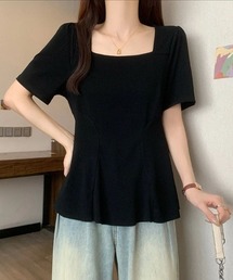 スクエアネックトップス コットン混 ストレッチ素材