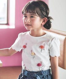 BeBe | フラミンゴモチーフスカラップ袖Tシャツ(80~150cm)(Tシャツ/カットソー)