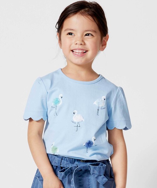 BeBe（ベベ）の「フラミンゴモチーフスカラップ袖Tシャツ(80~150cm)（Tシャツ/カットソー・キッズ・ブルー/ホワイト・130cm/120cm/140cm/150cm/110cm）」の2枚目の写真