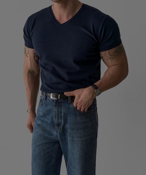 BOWLOW PRODUCT（バウロープロダクト）の「Vネックマッスル半袖ニット[ネイビー]（Tシャツ/カットソー・メンズ・その他・MEDIUM/LARGE/X-LARGE）」の4枚目の写真