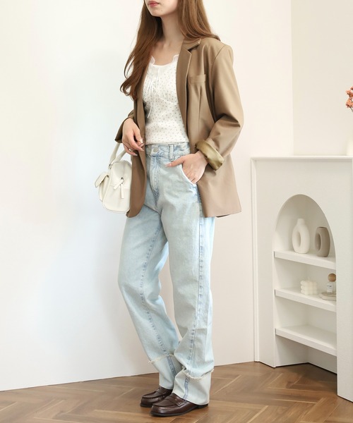 atONE（アットワン）の「ロールアップフリンジデニムパンツ（デニムパンツ・レディース・ブルー/ダークネイビー/サックスブルー/ネイビー・L/M/LL）」の6枚目の写真