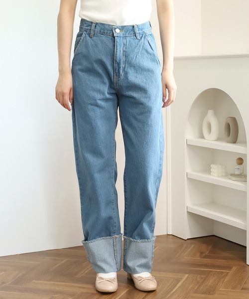 atONE（アットワン）の「ロールアップフリンジデニムパンツ（デニムパンツ・レディース・ブルー/ダークネイビー/サックスブルー/ネイビー・L/M/LL）」の20枚目の写真