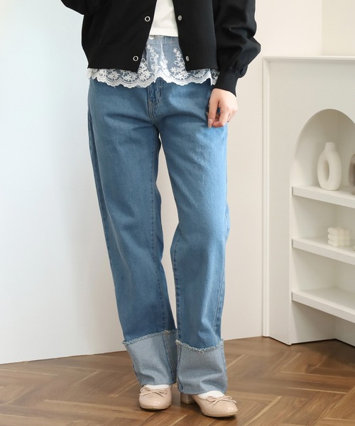 atONE（アットワン）の「ロールアップフリンジデニムパンツ（デニムパンツ・レディース・ブルー/ダークネイビー/サックスブルー/ネイビー・L/M/LL）」の7枚目の写真