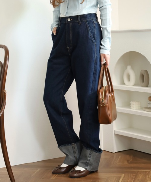 atONE（アットワン）の「ロールアップフリンジデニムパンツ（デニムパンツ・レディース・ブルー/ダークネイビー/サックスブルー/ネイビー・L/M/LL）」の14枚目の写真