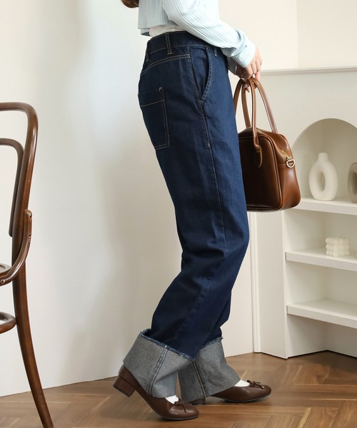 atONE（アットワン）の「ロールアップフリンジデニムパンツ（デニムパンツ・レディース・ブルー/ダークネイビー/サックスブルー/ネイビー・L/M/LL）」の16枚目の写真