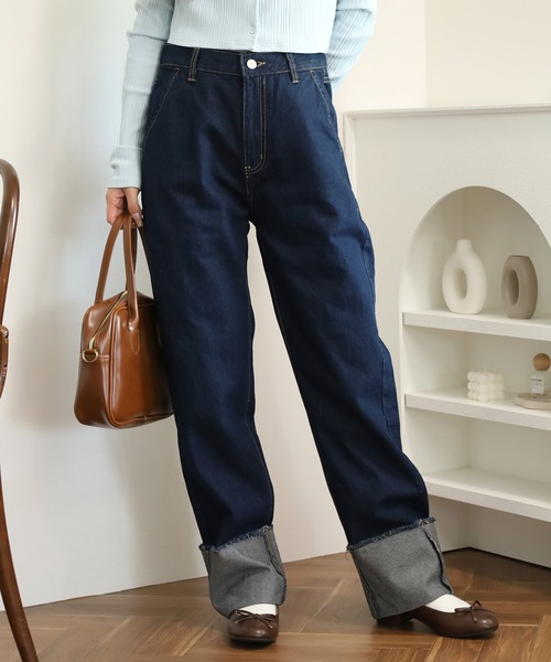 atONE（アットワン）の「ロールアップフリンジデニムパンツ（デニムパンツ・レディース・ブルー/ダークネイビー/サックスブルー/ネイビー・L/M/LL）」の17枚目の写真