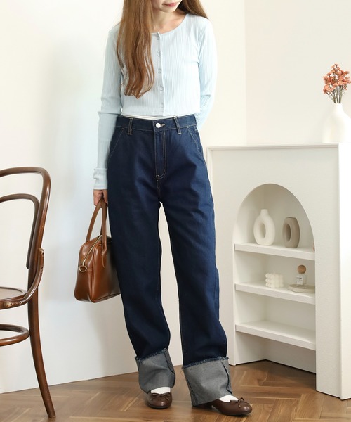 atONE（アットワン）の「ロールアップフリンジデニムパンツ（デニムパンツ・レディース・ブルー/ダークネイビー/サックスブルー/ネイビー・L/M/LL）」の18枚目の写真