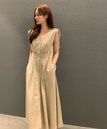 肩リボンが可愛い♪Vネックフレンチスリーブロングワンピース