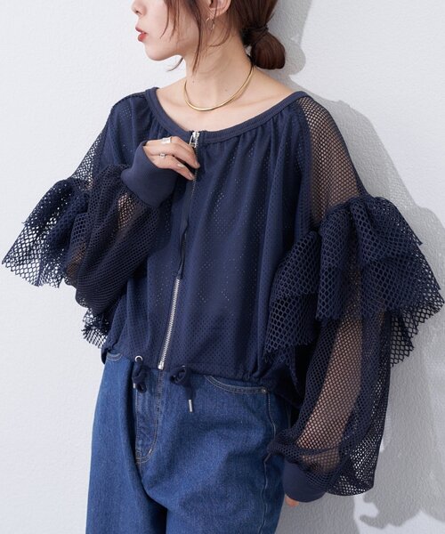 etsinta（エシンタ）の「【etsinta】メッシュフリルカーデ（カーディガン/ボレロ・レディース・オフホワイト/ネイビー・ONE SIZE）」の2枚目の写真