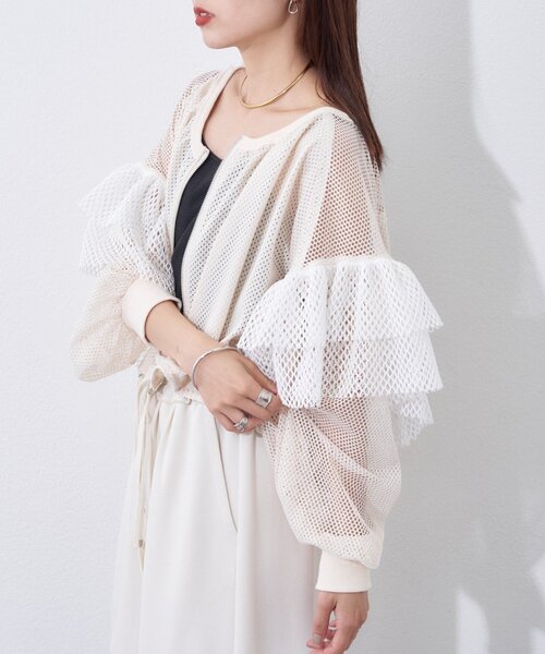 etsinta（エシンタ）の「【etsinta】メッシュフリルカーデ（カーディガン/ボレロ・レディース・オフホワイト/ネイビー・ONE SIZE）」の5枚目の写真
